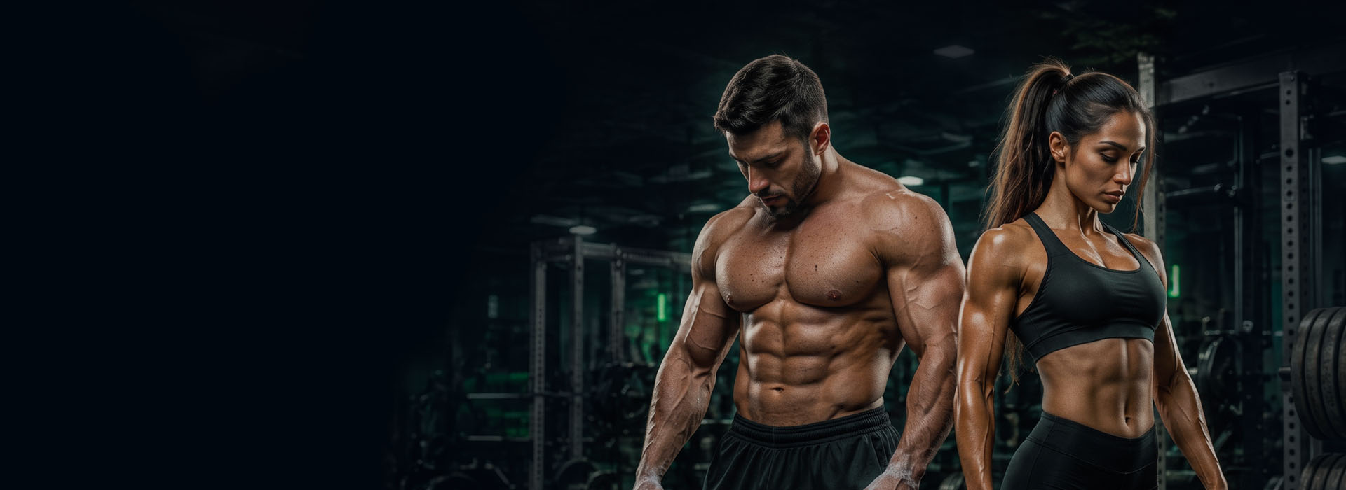 Male and female bodybuilders training in a dark gym
